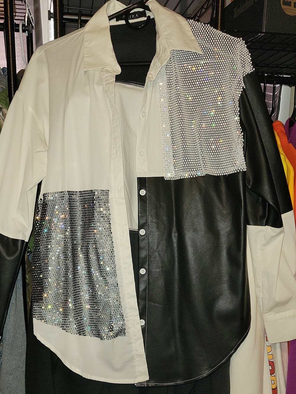 Zara Black and Cream Two-Tone Sequin-Embellished Leather-Look Jacket